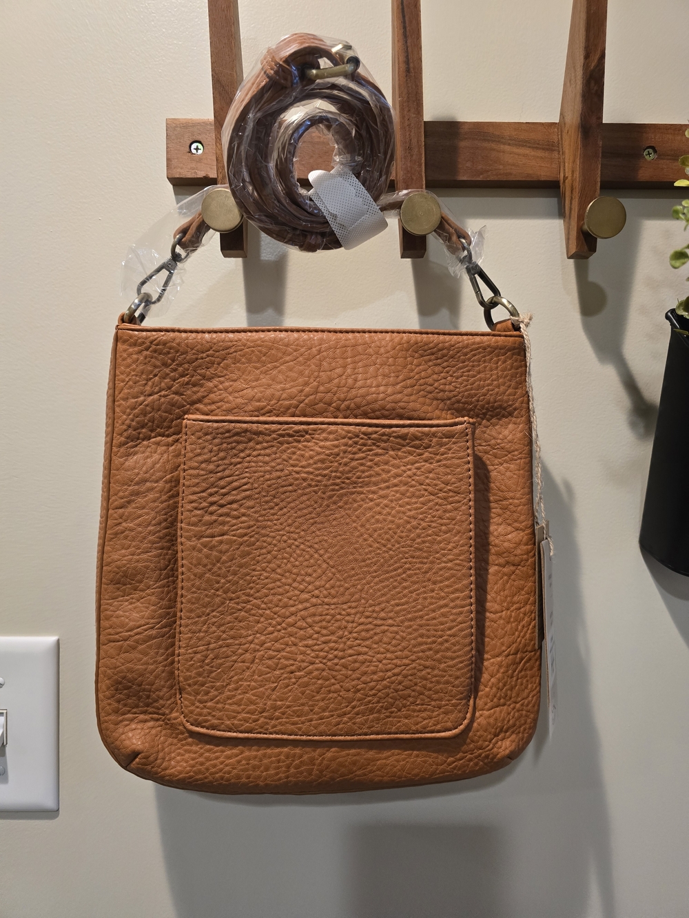 Tan Vegan Leather Crossbody Bag - Minimal Front Pocket